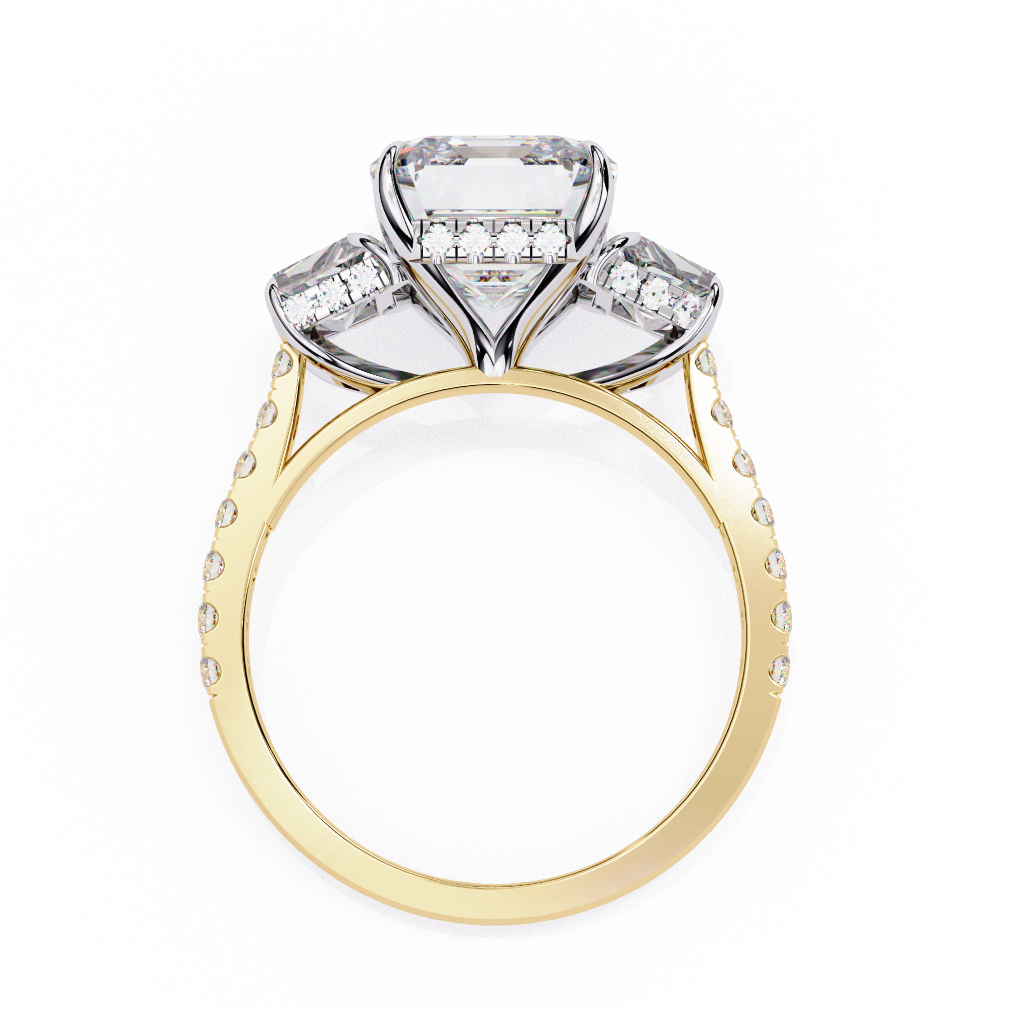 Emerald-Cut Lab-Grown Diamond Three-Stone Ring | Custom Baguette Sides & Diamond Shank | VR260083