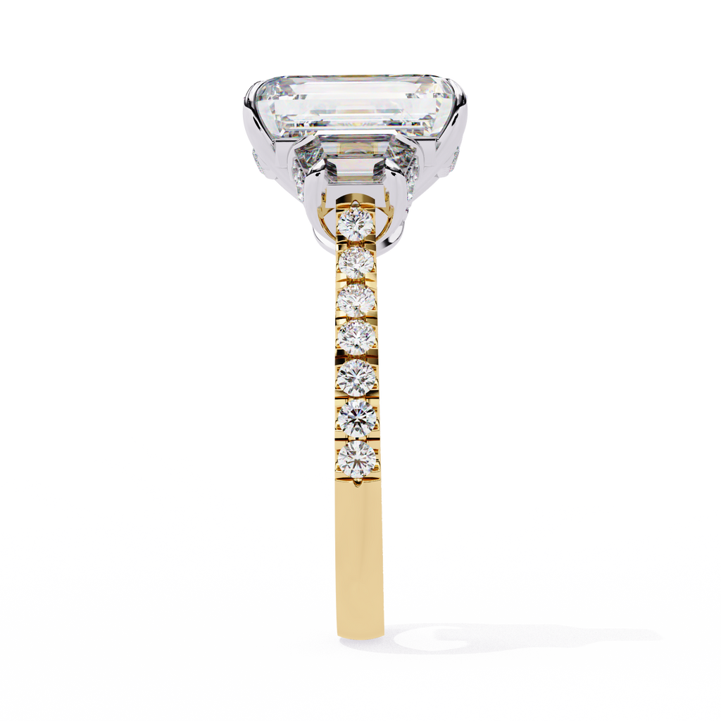Emerald-Cut Lab-Grown Diamond Three-Stone Ring | Custom Baguette Sides & Diamond Shank | VR260083
