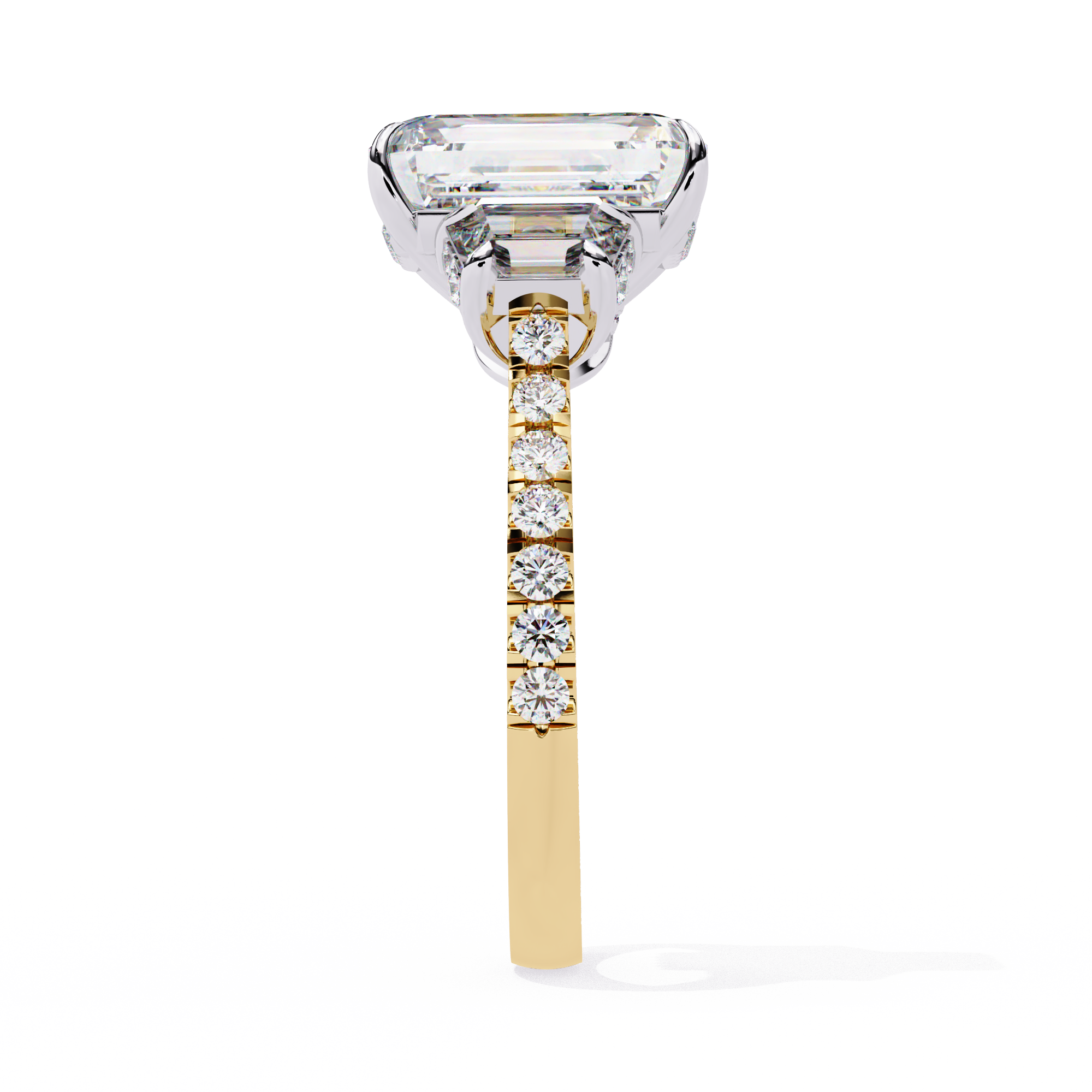 Emerald-Cut Lab-Grown Diamond Three-Stone Ring | Custom Baguette Sides & Diamond Shank | VR260083