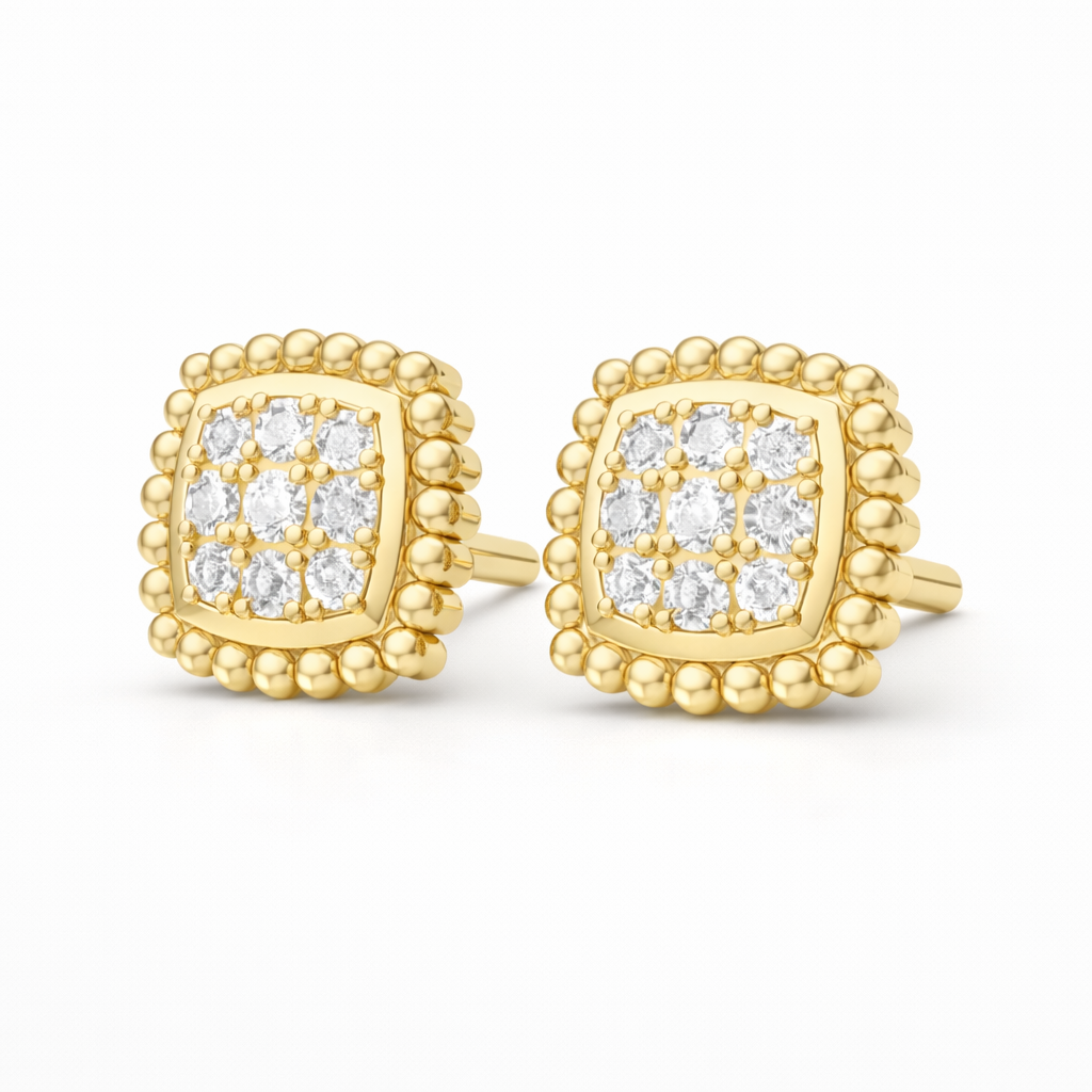 Cushion-Shaped Pavé Stud Earrings with Beaded Border - Gold-Plated (Vermeil) Lab-Grown Diamonds | VE250093