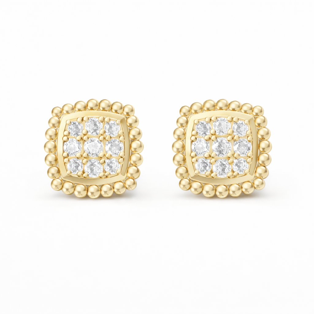 Cushion-Shaped Pavé Stud Earrings with Beaded Border - Gold-Plated (Vermeil) Lab-Grown Diamonds | VE250093