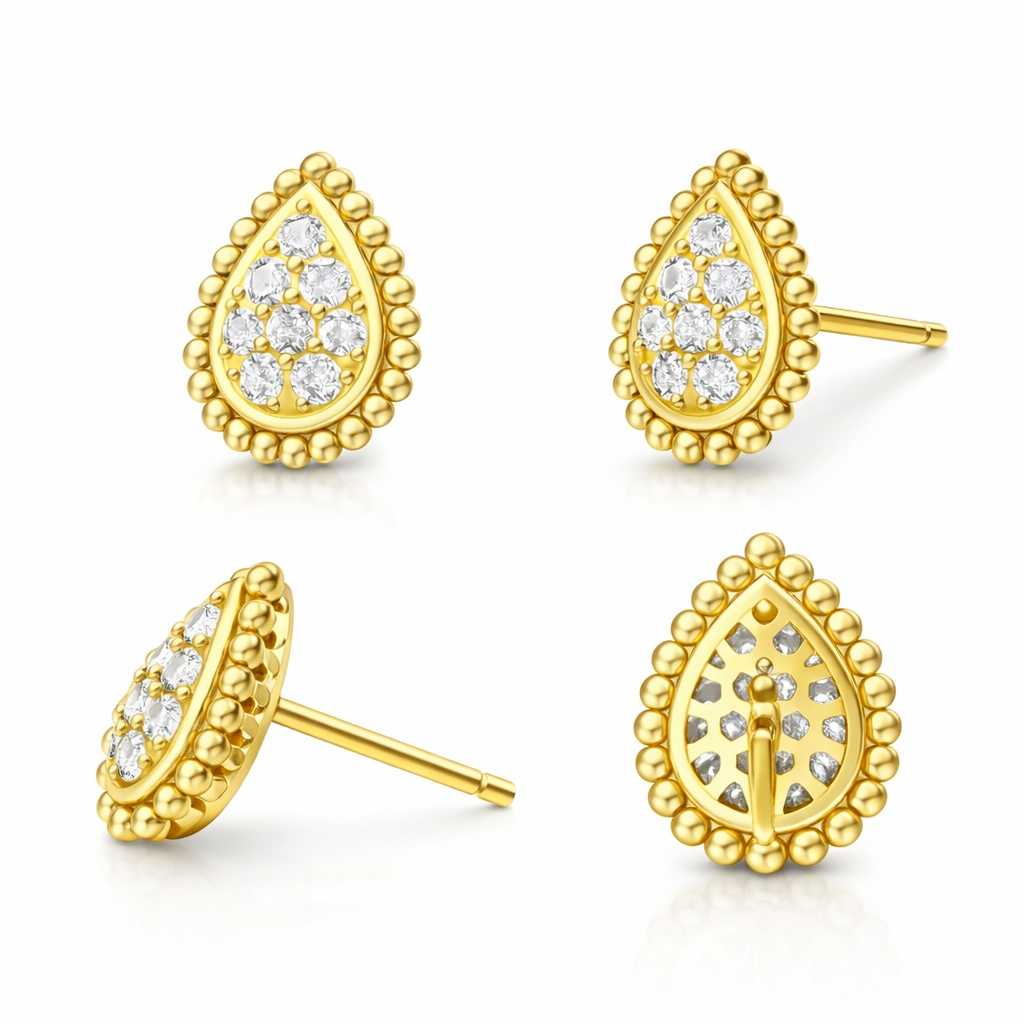 Pear-Shaped Pavé Stud Earrings with Beaded Border - Gold-Plated (Vermeil) Lab-Grown Diamonds | VE250095