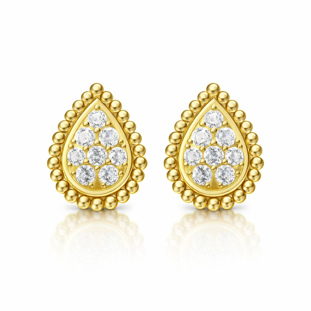 Pear-Shaped Pavé Stud Earrings with Beaded Border - Gold-Plated (Vermeil) Lab-Grown Diamonds | VE250095