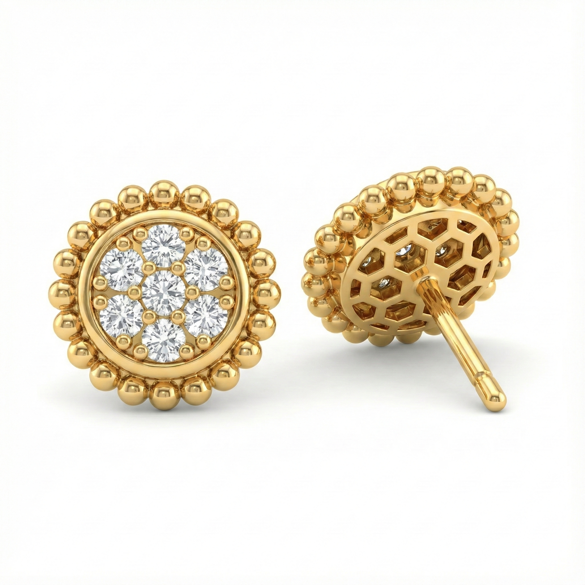 Round Pavé Stud Earrings with Beaded Border - Gold-Plated (Vermeil) Lab-Grown Diamonds | VE250096