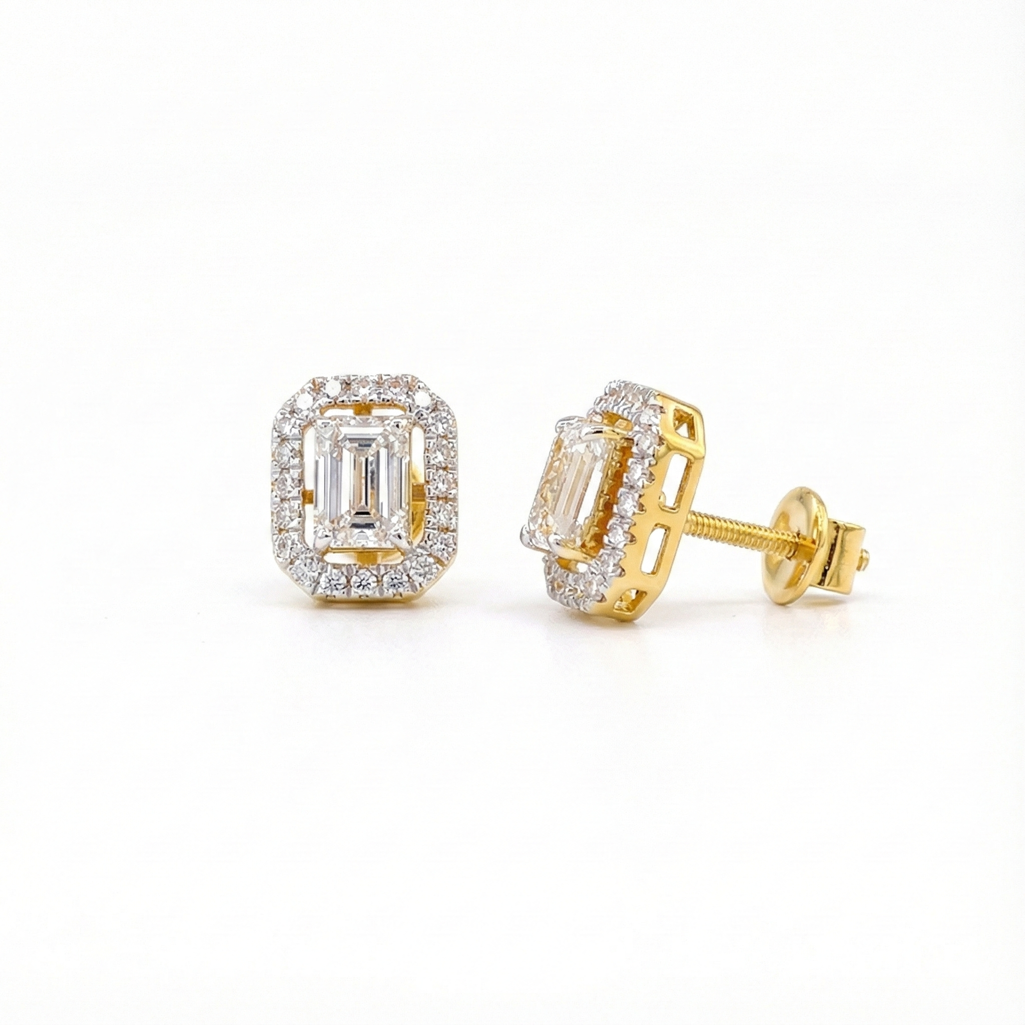 Emerald-Cut Halo Stud Earrings with Screw Backs - Gold-Plated Vermeil Lab-Grown Diamonds | VE250757