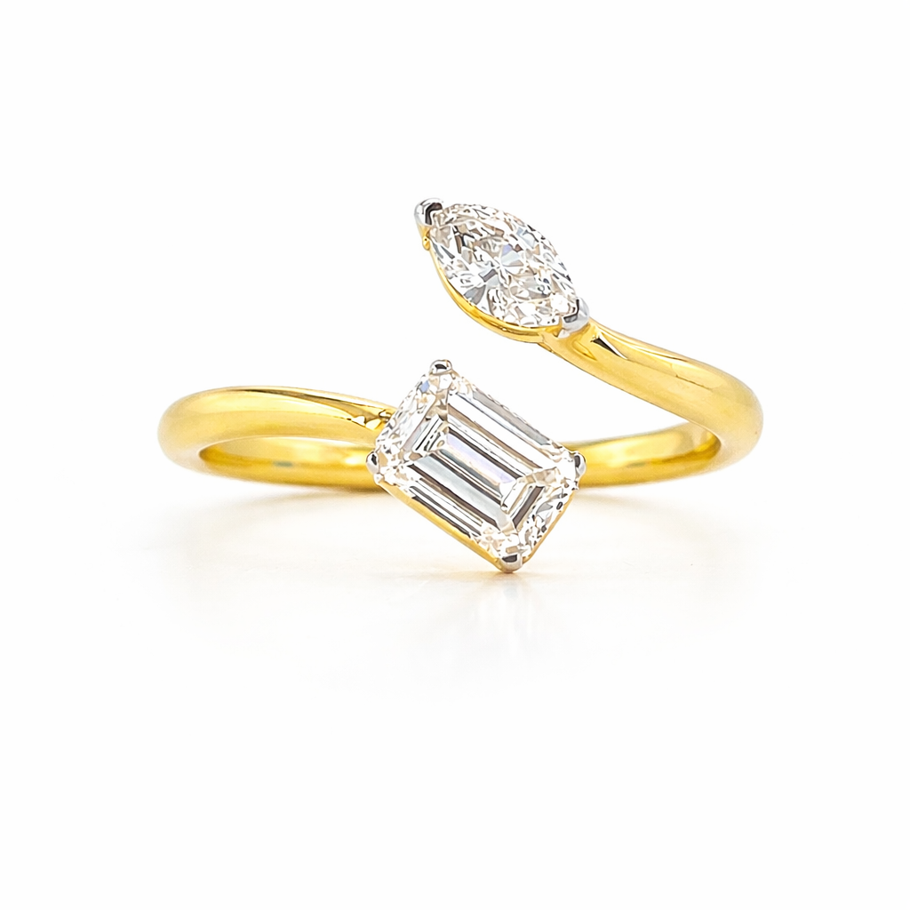 Gold-Plated (Vermeil) Lab-Grown Diamond Toi et Moi Ring - Marquise & Emerald Cut VR250417