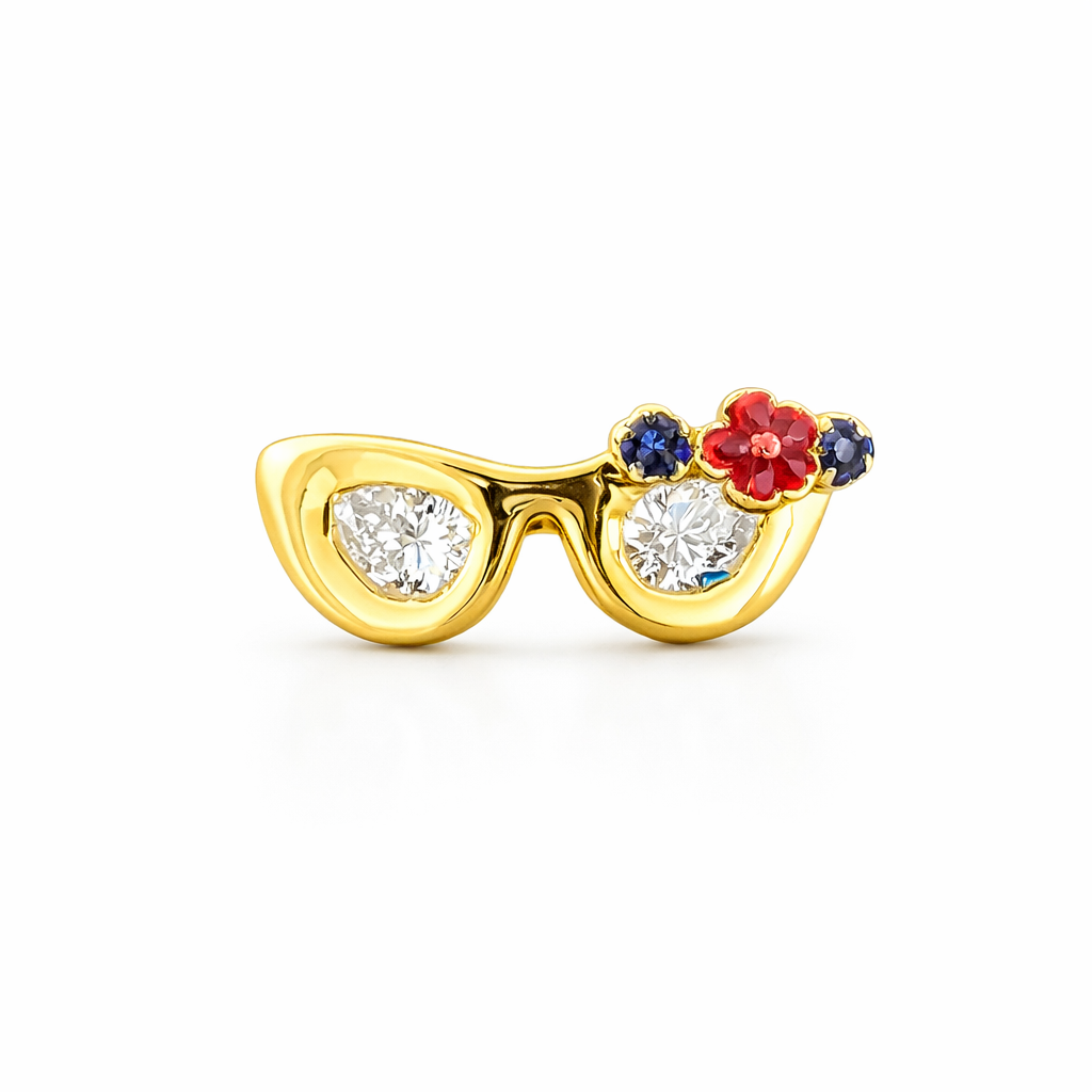 Gold-Plated (Vermeil) Lab-Grown Diamond Glasses Ring with Enamel Flowers VR250423