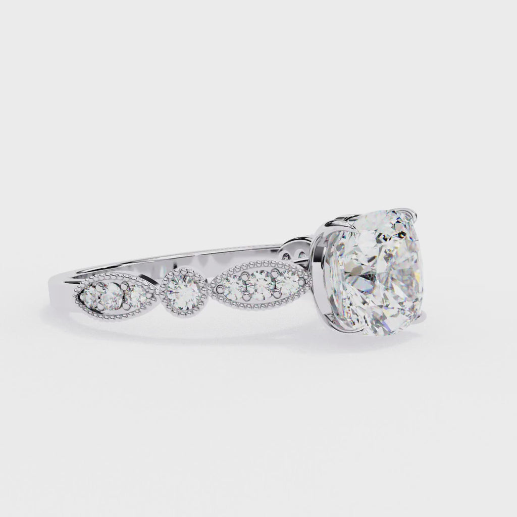 2.50ct Cushion Cut Lab-Grown Diamond Ring | Vintage Milgrain Art Deco Diamond Shank | VR260020