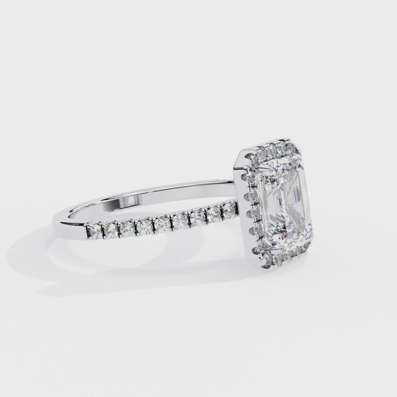 1.75ct Emerald Cut Lab-Grown Diamond Halo Engagement Ring | Pavé Halo & Diamond Shank