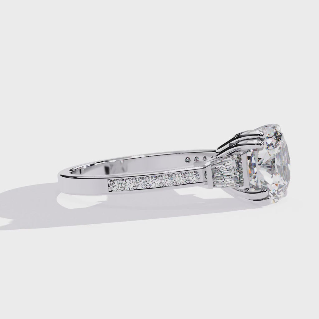 Cushion-Cut Lab-Grown Diamond Three-Stone Ring | Tapered Baguette & Pavé Shank | VR260074