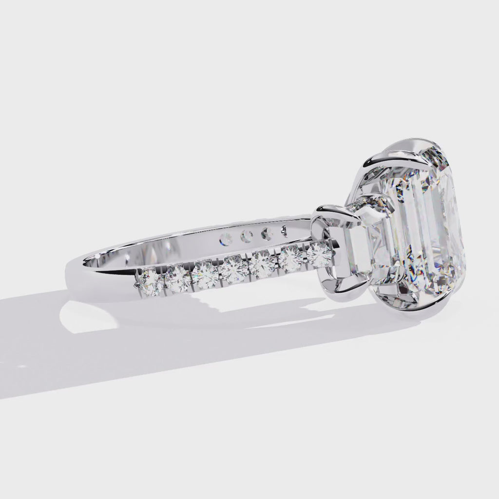 Emerald-Cut Lab-Grown Diamond Three-Stone Ring | Custom Baguette Sides & Diamond Shank | VR260083