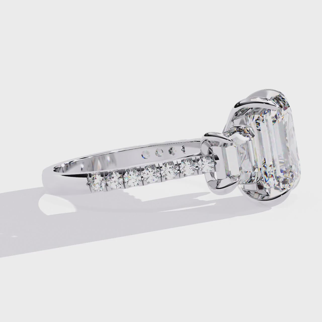 Emerald-Cut Lab-Grown Diamond Three-Stone Ring | Custom Baguette Sides & Diamond Shank | VR260083