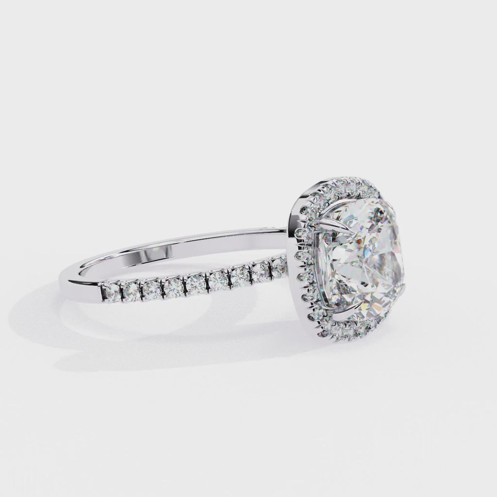 1.75ct Cushion Cut Lab-Grown Diamond Halo Engagement Ring | Pavé Halo & Diamond Shank