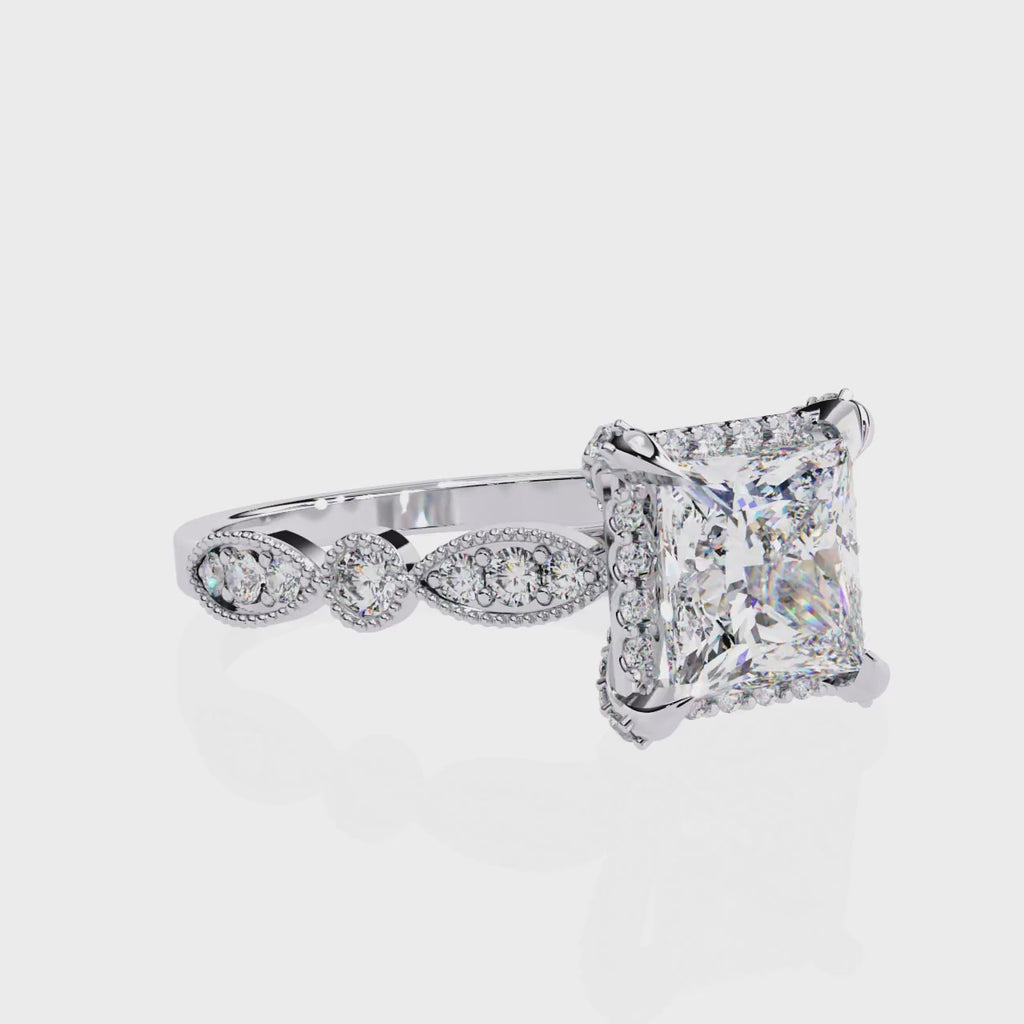 Princess-Cut Lab-Grown Diamond Halo Ring | Art Deco Milgrain Shank | VR260061