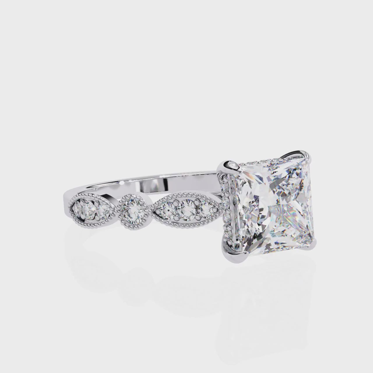 Princess-Cut Lab-Grown Diamond Halo Ring | Art Deco Milgrain Pavé Shank | VR260064