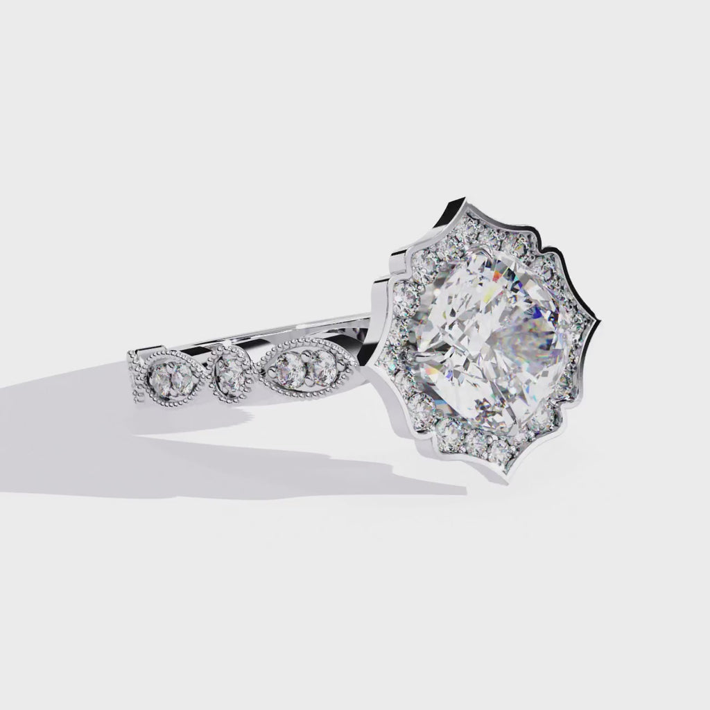 Cushion-Cut Lab-Grown Diamond Halo Ring | Floral Pavé Halo & Milgrain Shank | VR260071