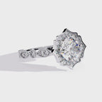 Cushion-Cut Lab-Grown Diamond Halo Ring | Floral Pavé Halo & Milgrain Shank | VR260071