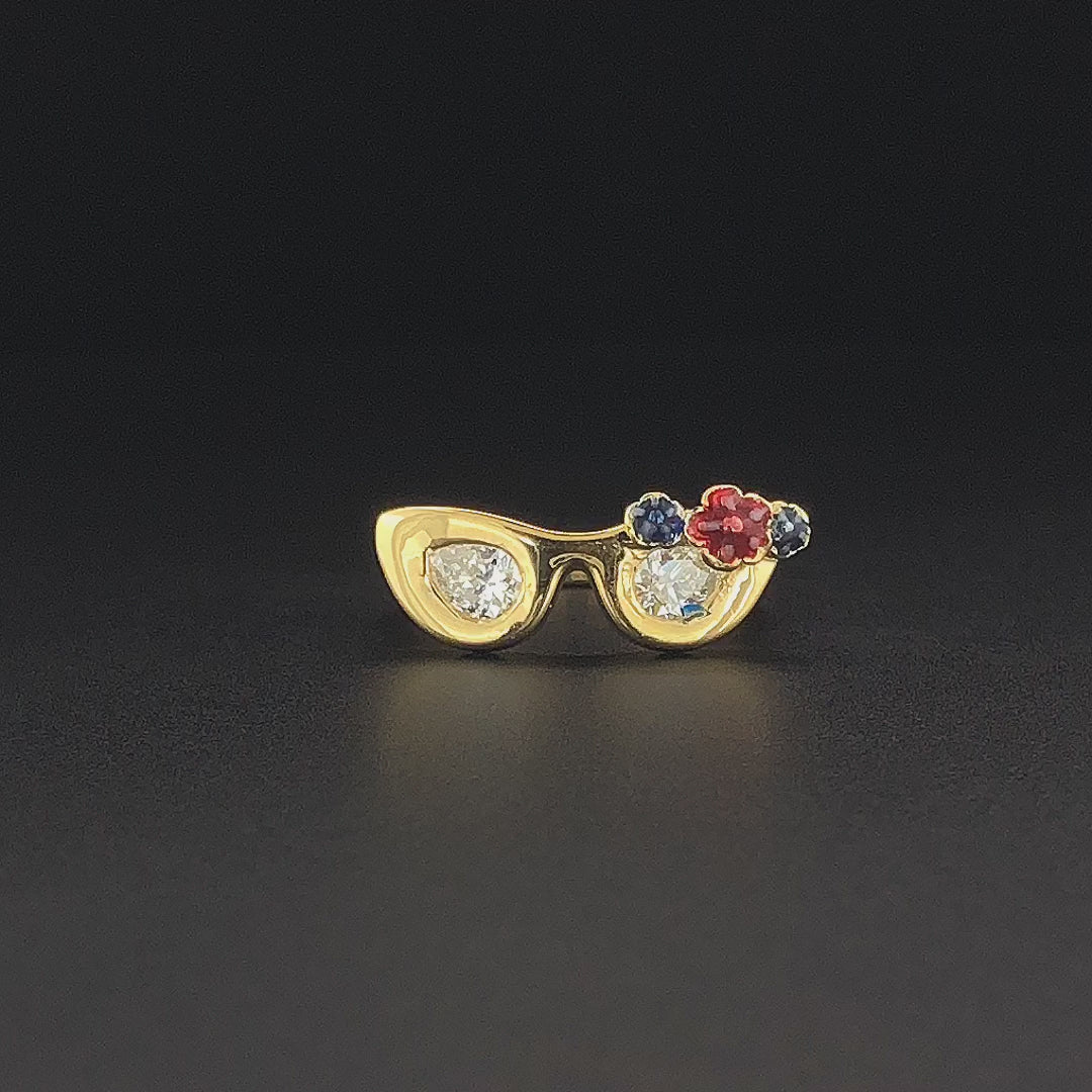 Gold-Plated (Vermeil) Lab-Grown Diamond Glasses Ring with Enamel Flowers VR250423