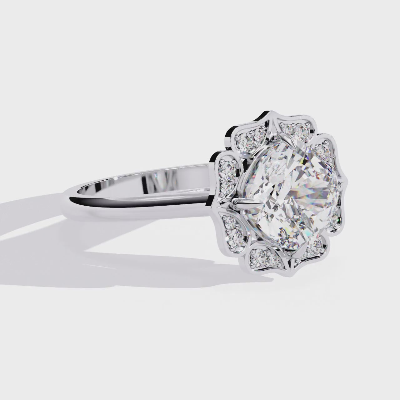 Cushion-Cut Lab-Grown Diamond Floral Halo Ring | Plain Solitaire Shank | VR260072
