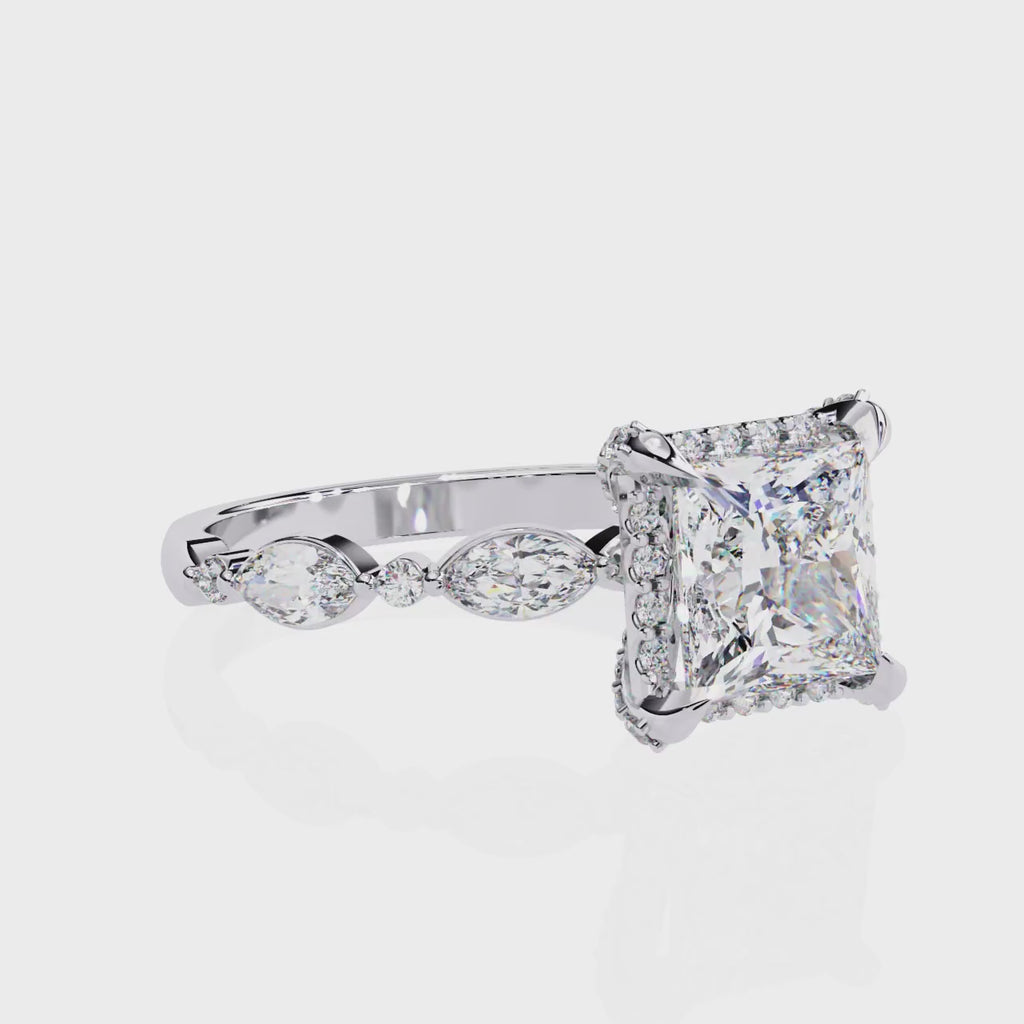 2.00ct Princess Cut Lab-Grown Diamond Ring | Pavé Halo & Marquise Diamond Shank | VR260060