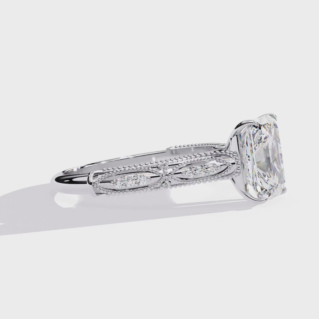 Radiant-Cut Lab-Grown Diamond Solitaire Ring | Art Deco Milgrain Shank & Pavé Bridge | VR260080