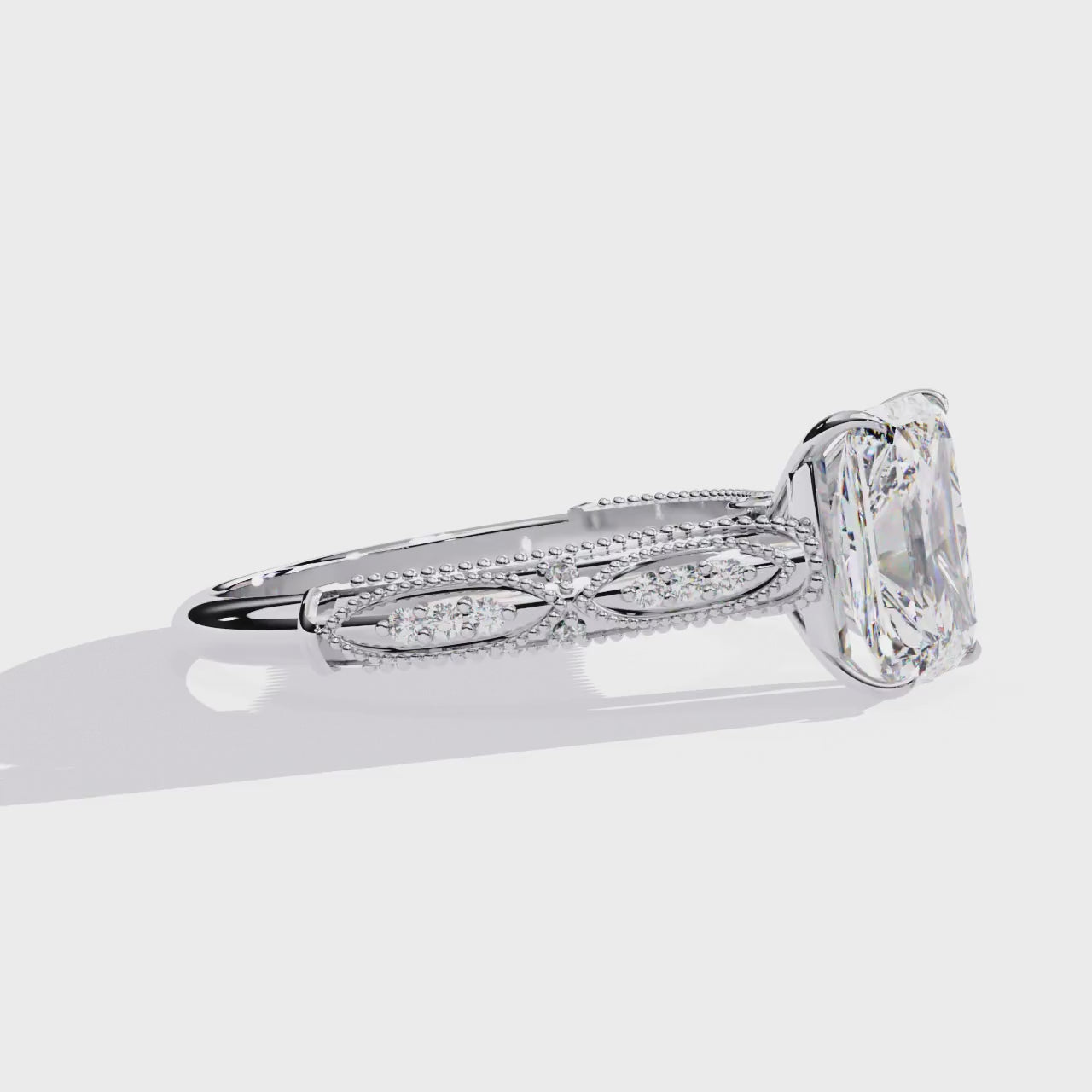 Radiant-Cut Lab-Grown Diamond Solitaire Ring | Art Deco Milgrain Shank & Pavé Bridge | VR260080