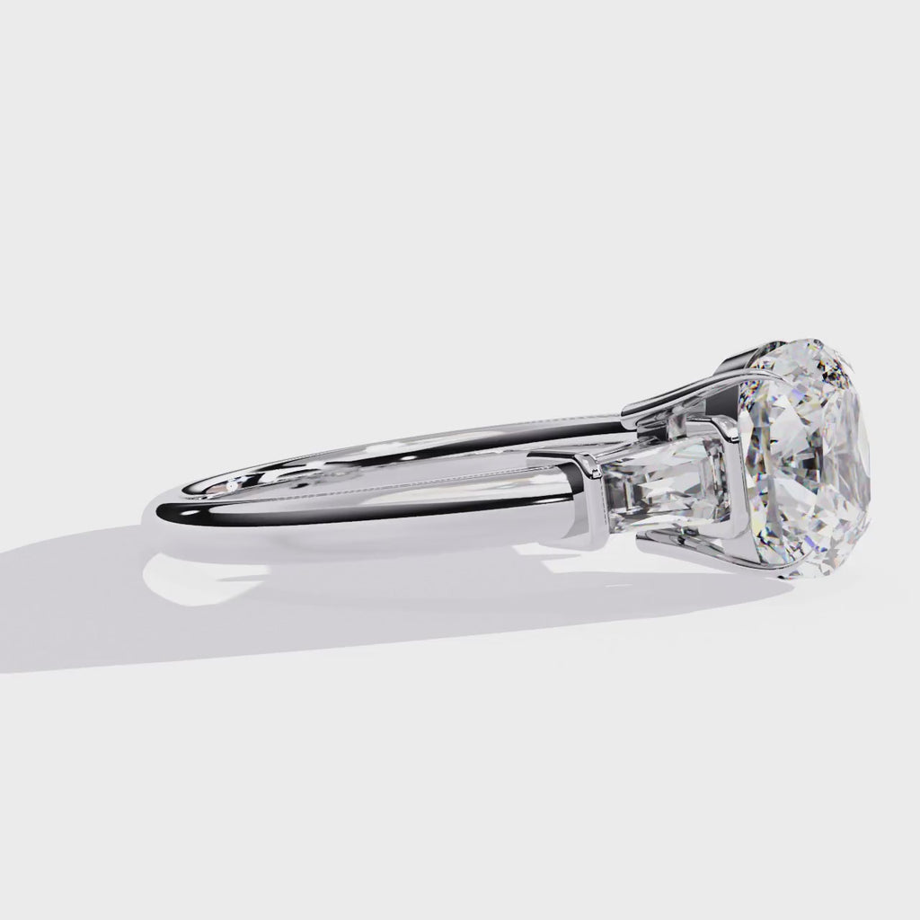 Cushion-Cut Lab-Grown Diamond Three-Stone Ring | Straight Baguette Sides & Plain Shank | VR260075