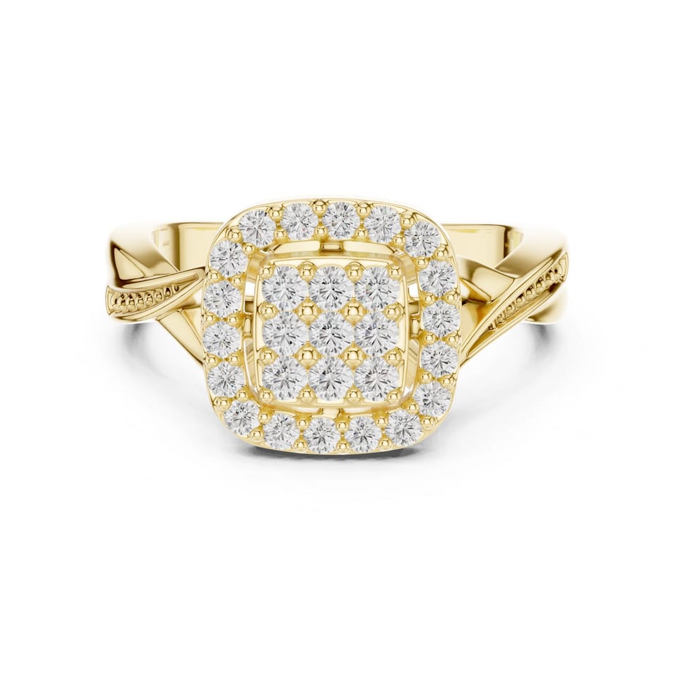Cushion Laboratory-Grown Diamond Cluster Halo Engagement Ring, 0.49 ct total in yellow gold, front view