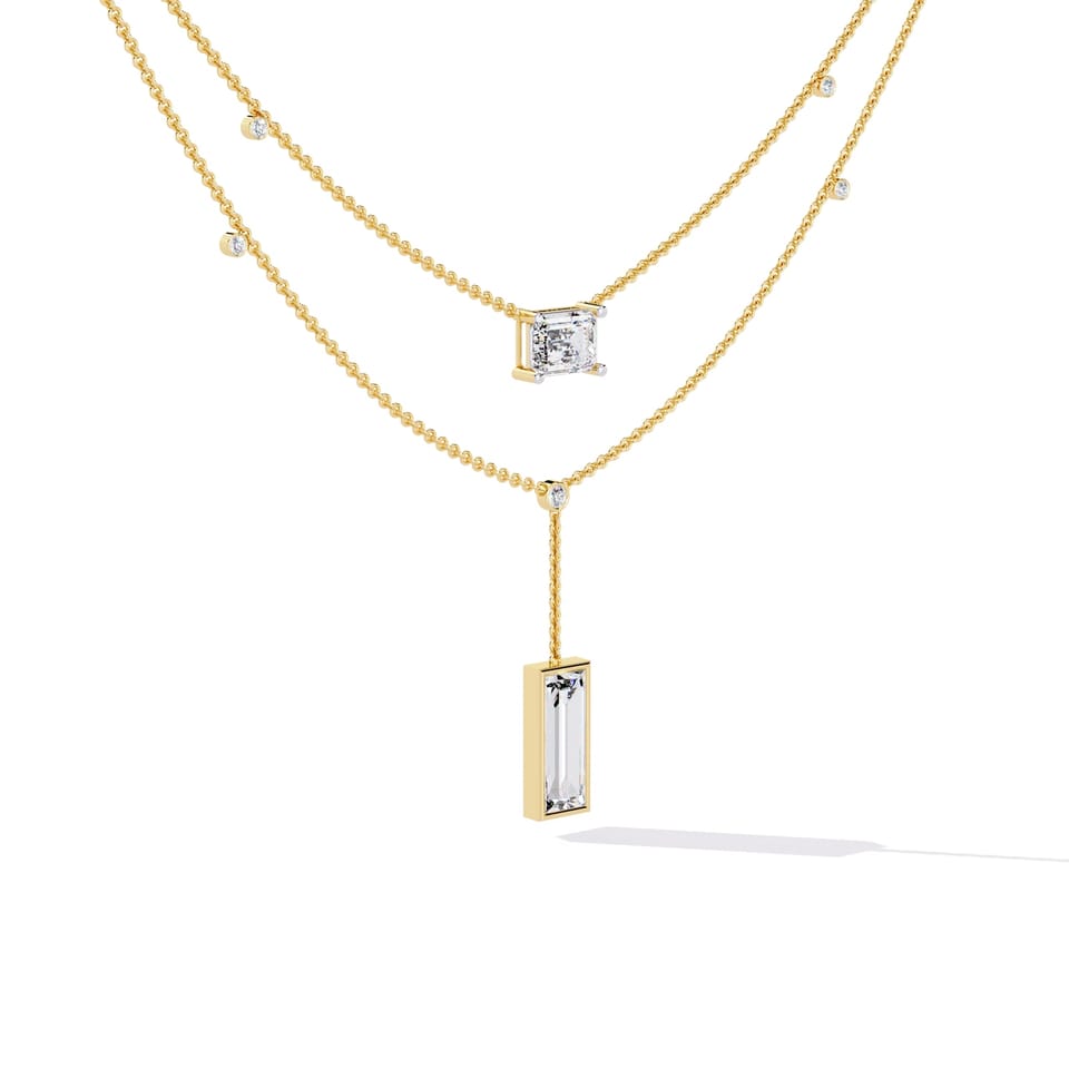 Baguette and Emerald Laboratory-Grown Diamond Layered Y-Drop Necklace, 5.47 ct total in yellow gold, front view