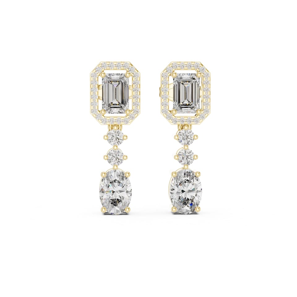 Emerald Laboratory-Grown Diamond Halo Oval Drop Earrings, 3.03 ct total in yellow gold, front view