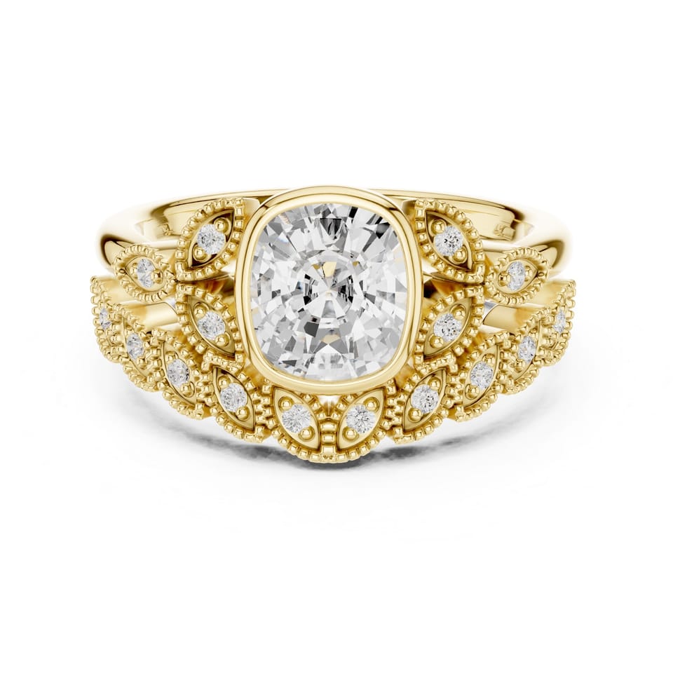 Cushion Laboratory-Grown Diamond Bezel Leaf Bridal Set, 1.66 ct total in yellow gold, front view