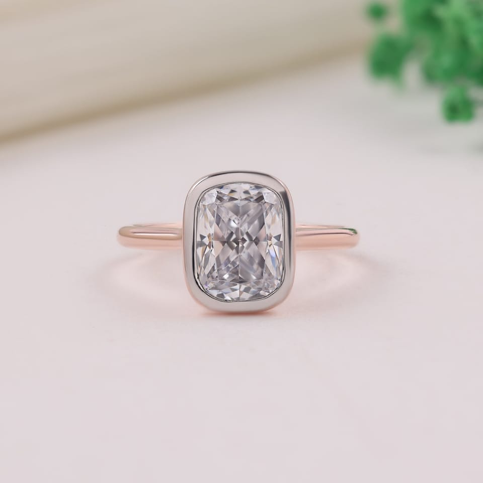 Cushion Laboratory-Grown Diamond Bezel Solitaire Engagement Ring, 2.50 ct, photographed sample in 14K rose gold with a white-plated bezel rim, front view