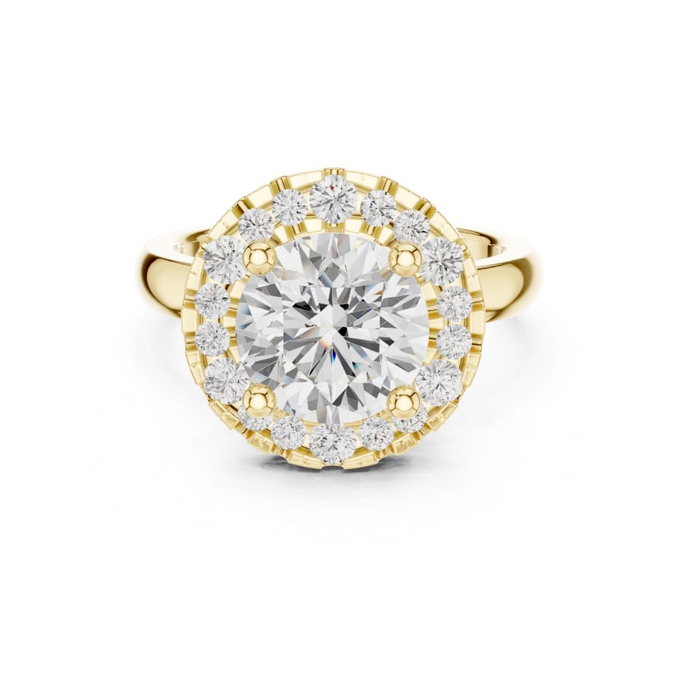 Laboratory-Grown Diamond Vintage Halo Engagement Ring, 2.50 ct in yellow gold, front view