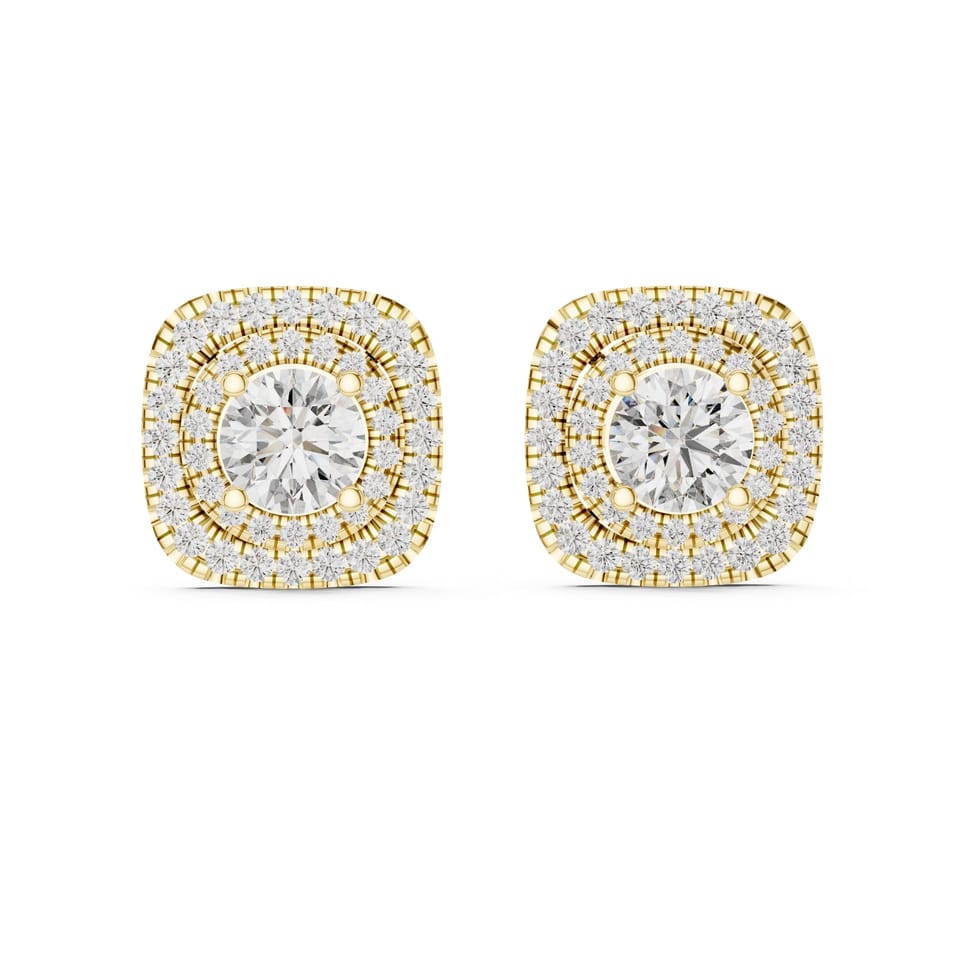 Cushion Laboratory-Grown Diamond Double Halo Stud Earrings, 3.89 ct total in yellow gold, front view