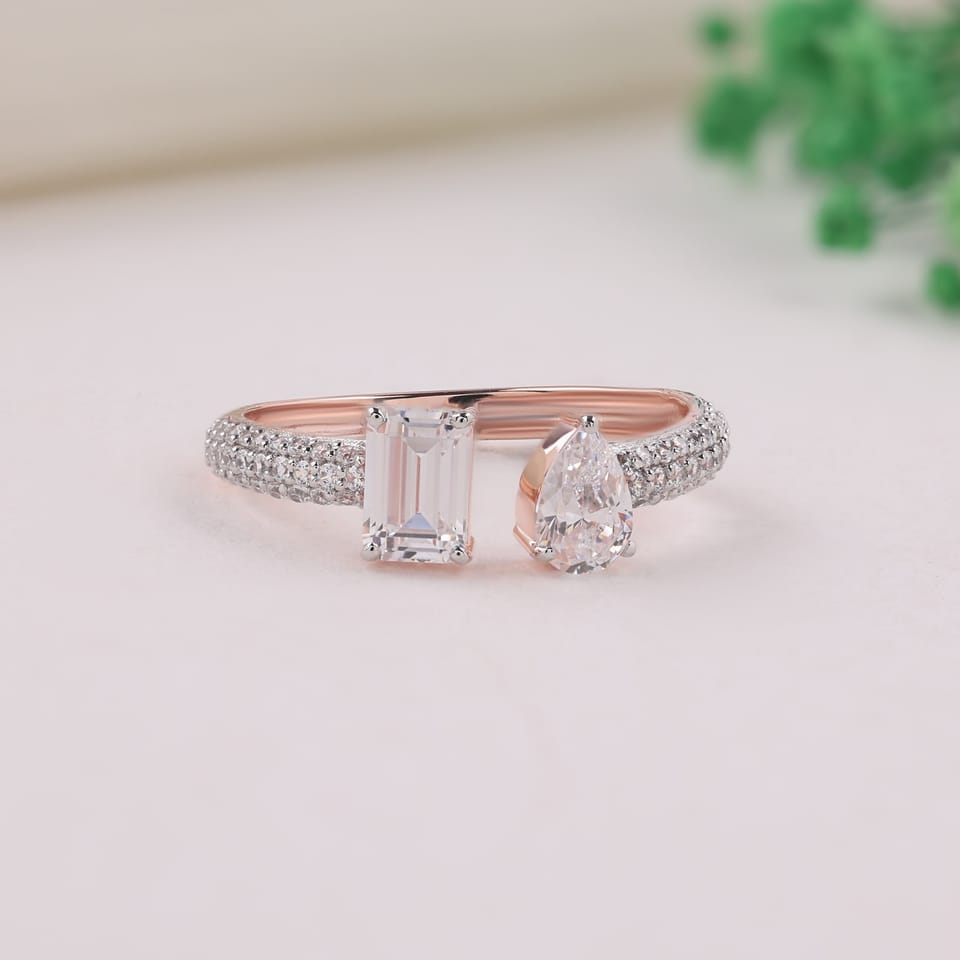 Emerald-Cut and Pear Laboratory-Grown Diamond Pavé Toi et Moi Engagement Ring, 1.16 ct total, photographed sample in 14K rose gold with white-plated claws and pavé settings, front view