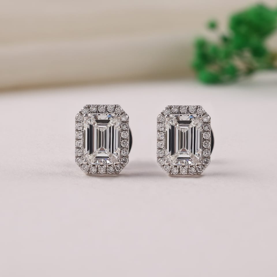Emerald-Cut Laboratory-Grown Diamond Halo Stud Earrings, 3.37 ct total, photographed sample in 14K white gold, front view