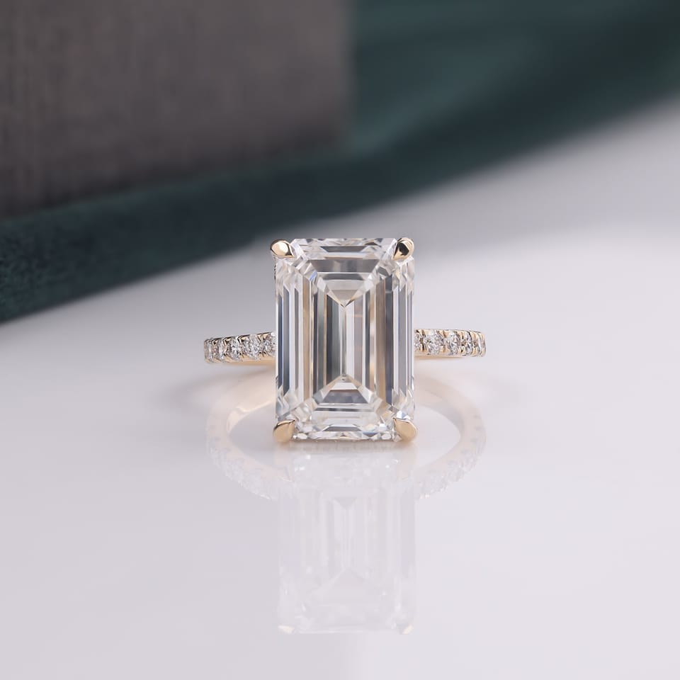Emerald-Cut Laboratory-Grown Diamond Pavé Hidden Halo Engagement Ring, 7.50 ct total, photographed sample in 14K yellow gold, front view