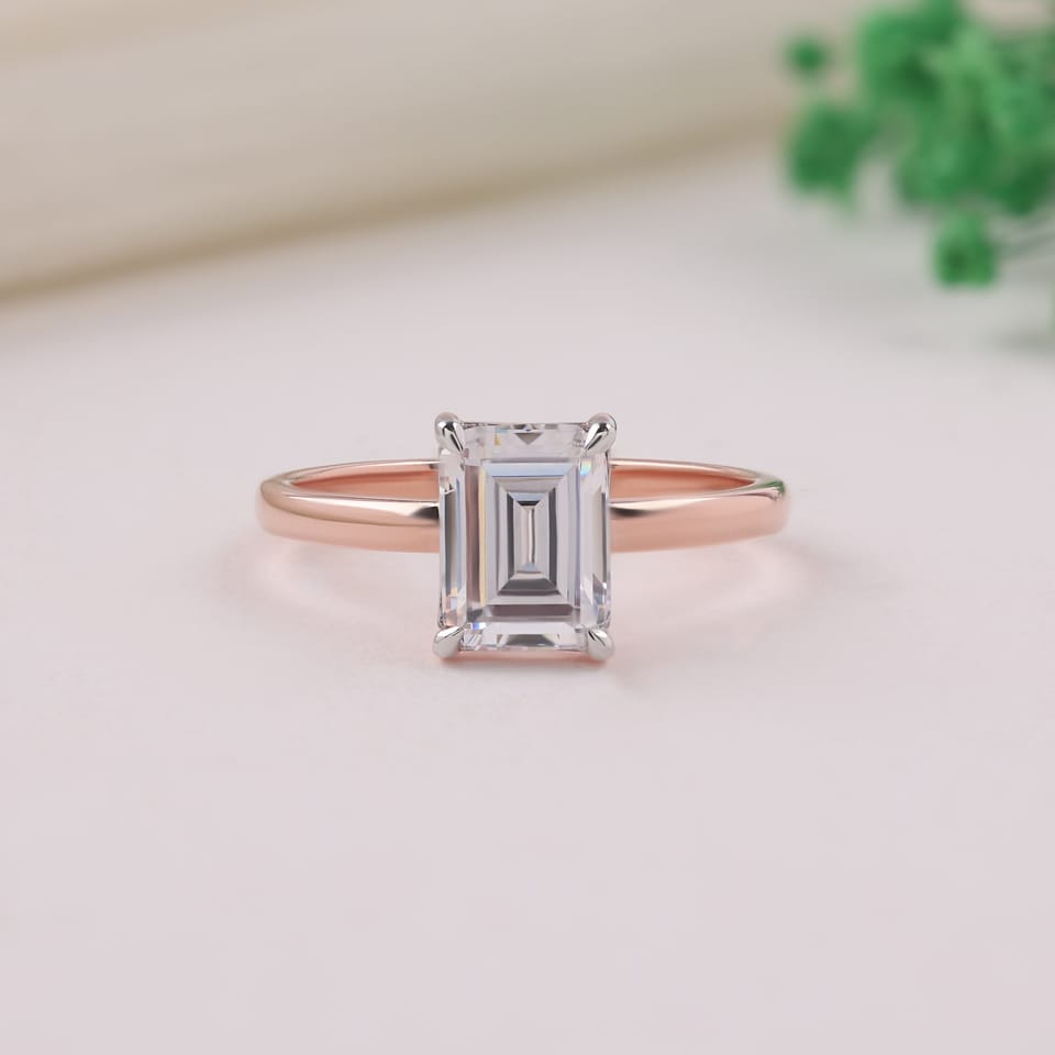 Emerald-Cut Laboratory-Grown Diamond Solitaire Engagement Ring, 1.85 ct, photographed sample in 14K rose gold with white-plated claws, front view