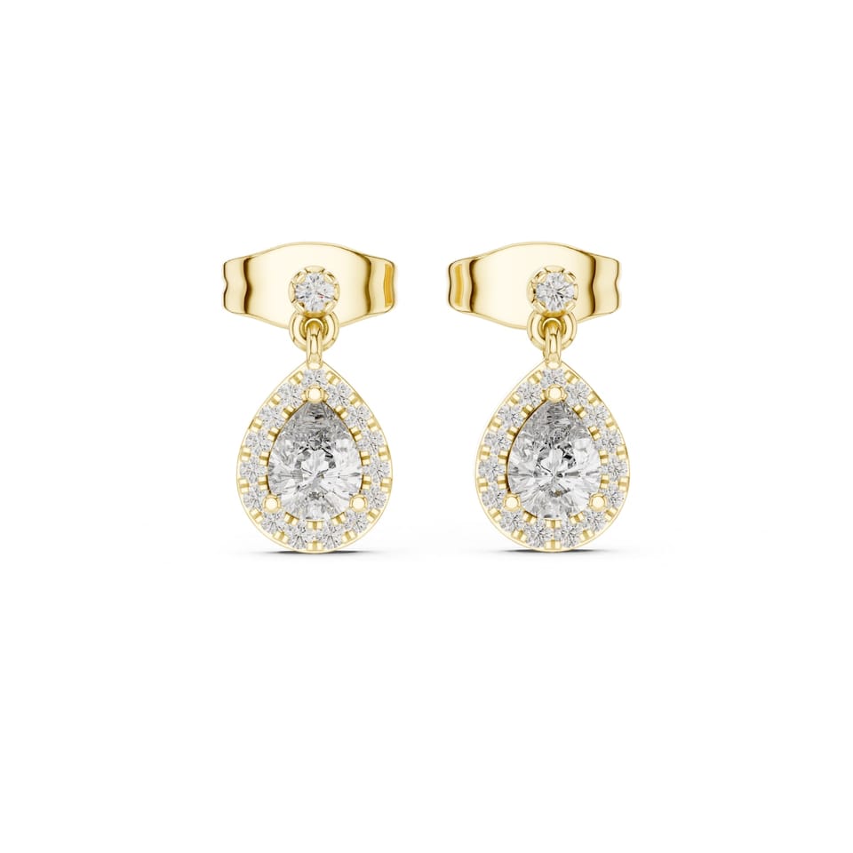 Pear Laboratory-Grown Diamond Halo Drop Earrings, 0.48 ct total in yellow gold, front view