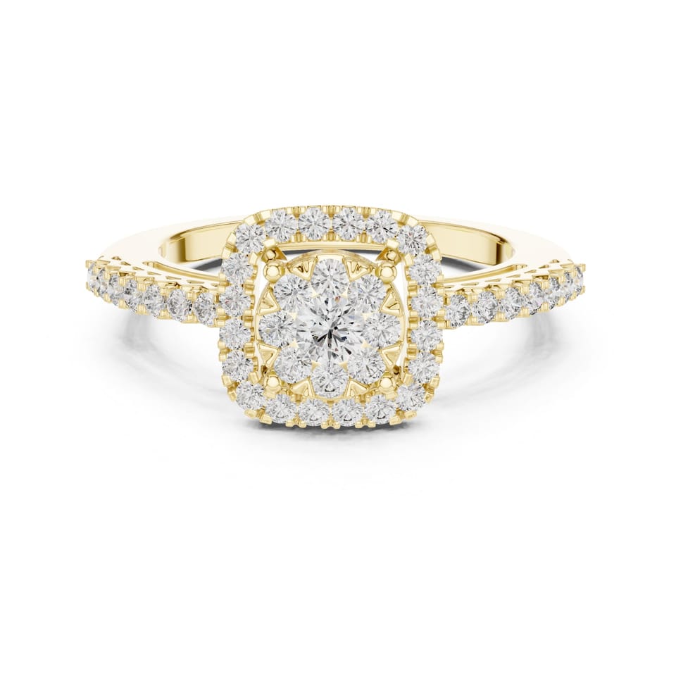 Cushion Laboratory-Grown Diamond Halo Cluster Engagement Ring, 0.63 ct total in yellow gold, front view