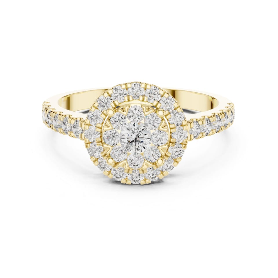 Laboratory-Grown Diamond Double Halo Cluster Engagement Ring, 0.74 ct total in yellow gold, front view