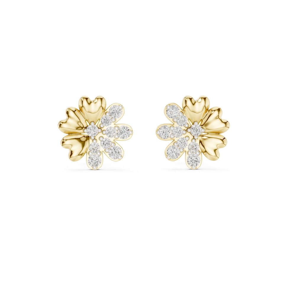 Laboratory-Grown Diamond Half-Pavé Flower Stud Earrings, 0.35 ct total in yellow gold, front view