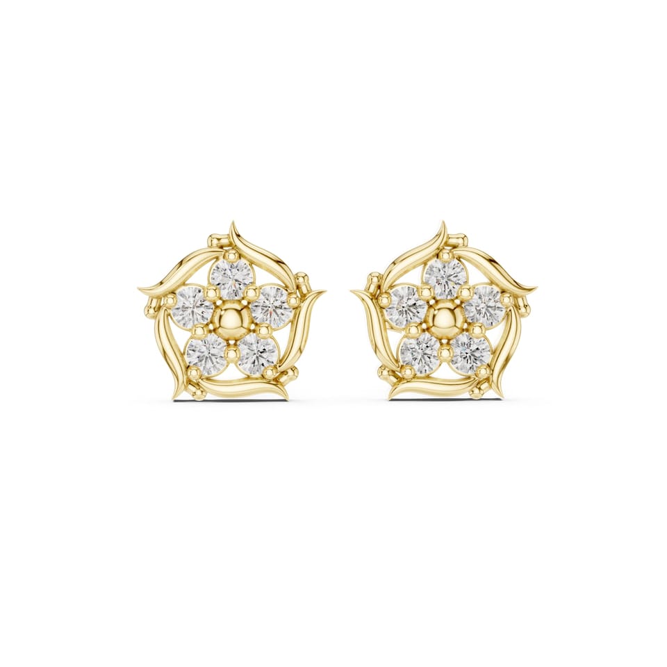 Laboratory-Grown Diamond Five-Petal Flower Stud Earrings, 0.35 ct total in yellow gold, front view
