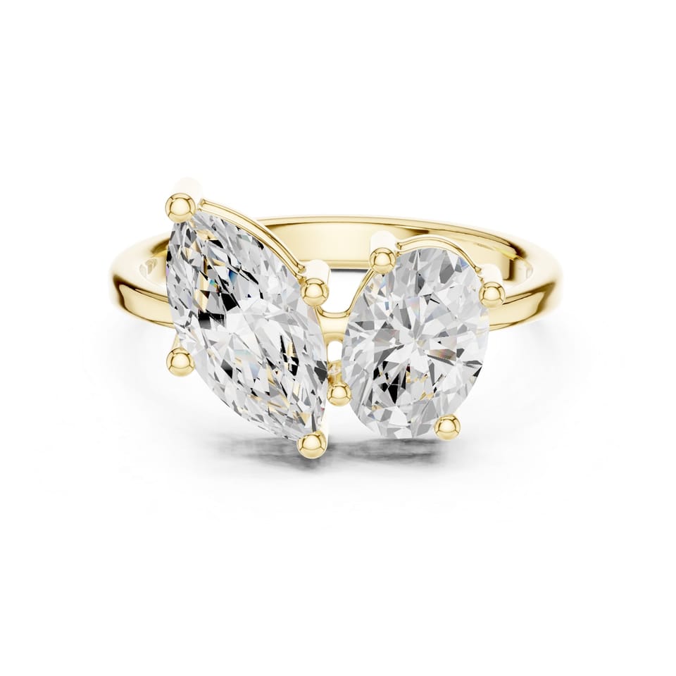 Marquise and Oval Laboratory-Grown Diamond Toi et Moi Engagement Ring, 2.03 ct total in yellow gold, front view
