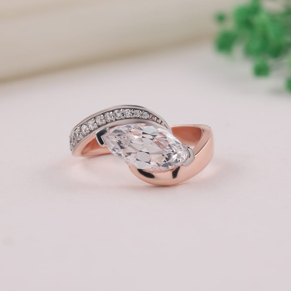 Marquise Laboratory-Grown Diamond Graduated Pavé Bypass Ring, 1.64 ct total, photographed sample in 14K rose gold with white-plated pavé arm and tip settings, front view