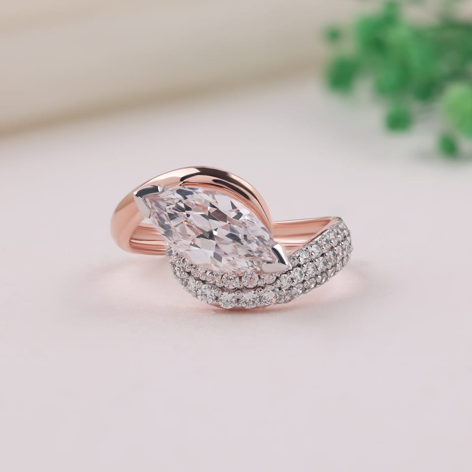 Marquise Laboratory-Grown Diamond Pavé Sweep Bypass Ring, 1.84 ct total, photographed sample in 14K rose gold with white-plated tip settings and pavé, front view