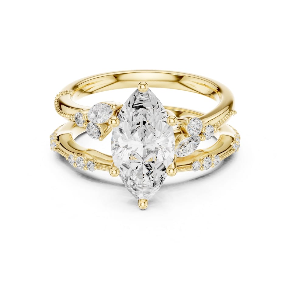 Marquise Laboratory-Grown Diamond Vintage Cluster Bridal Set, 2.42 ct total in yellow gold, front view
