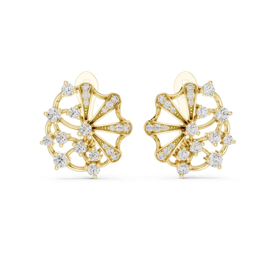 Laboratory-Grown Diamond Floral Fan Cluster Stud Earrings, 0.77 ct total in yellow gold, front view
