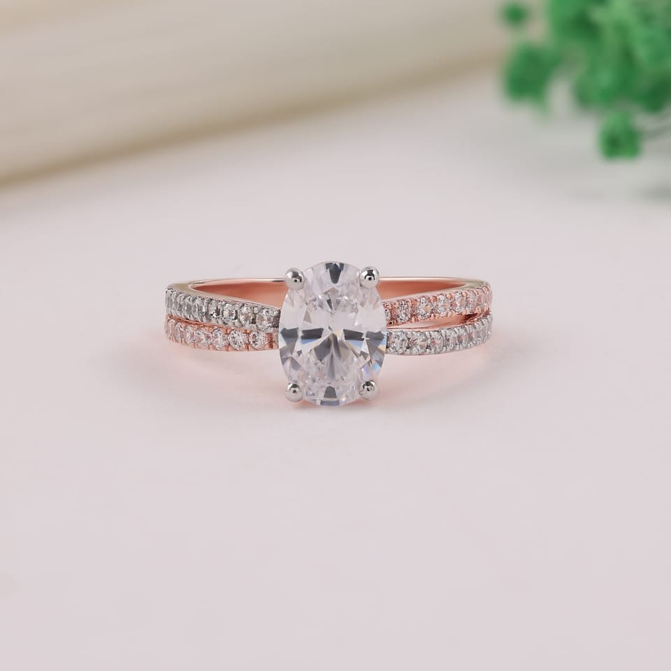 Oval Laboratory-Grown Diamond Crossover Pavé Engagement Ring, 1.30 ct total, photographed sample in 14K rose gold with white-plated claws and one row of pavé settings, front view