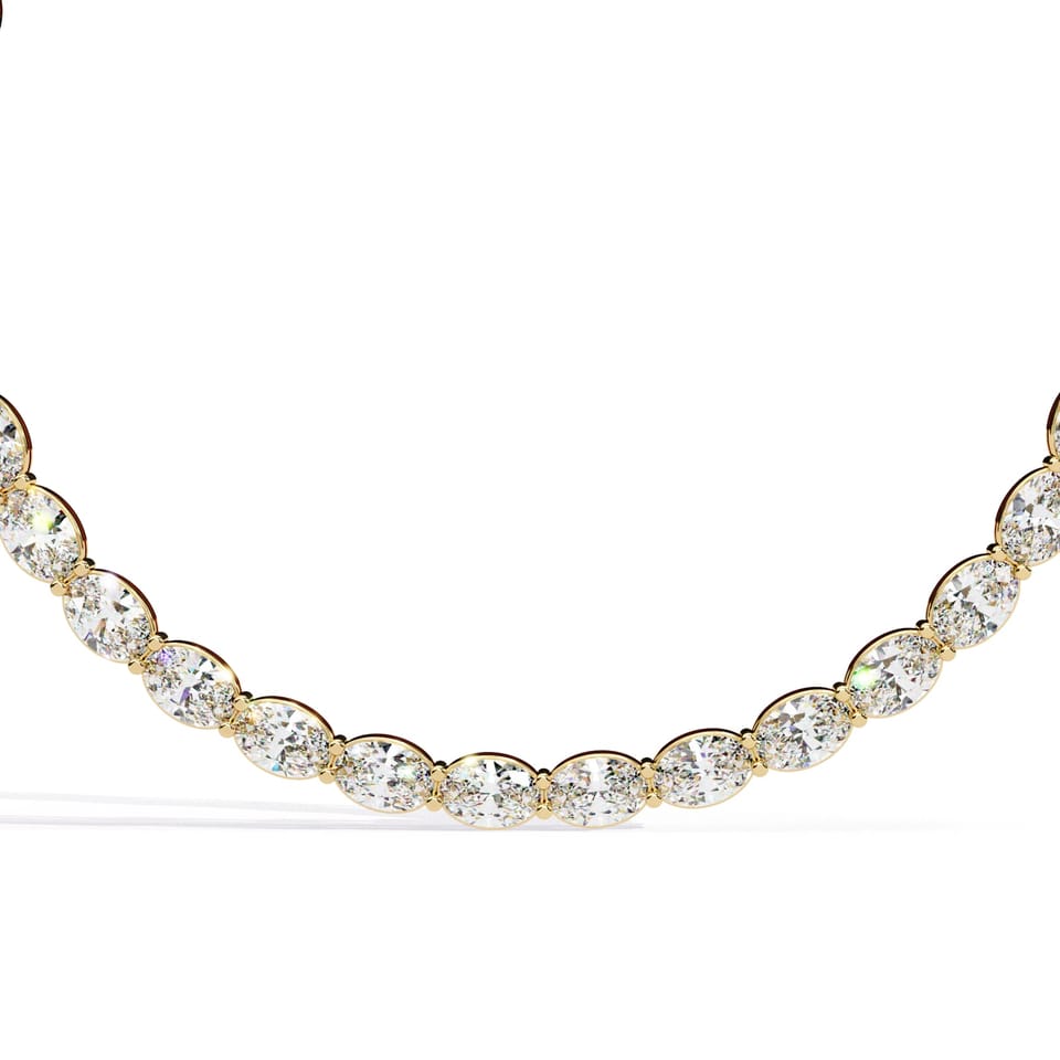 Oval Laboratory-Grown Diamond East-West Tennis Necklace, 6.20 ct total in yellow gold, front view